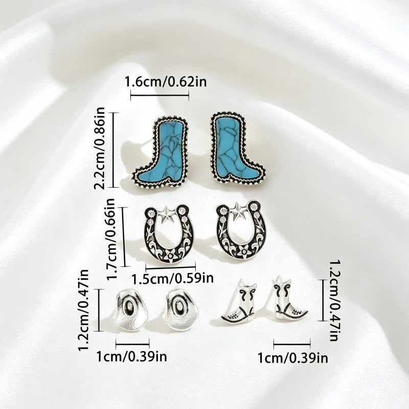Vintage Turquoise Cowboy Boot & Horseshoe Stud Earring Set