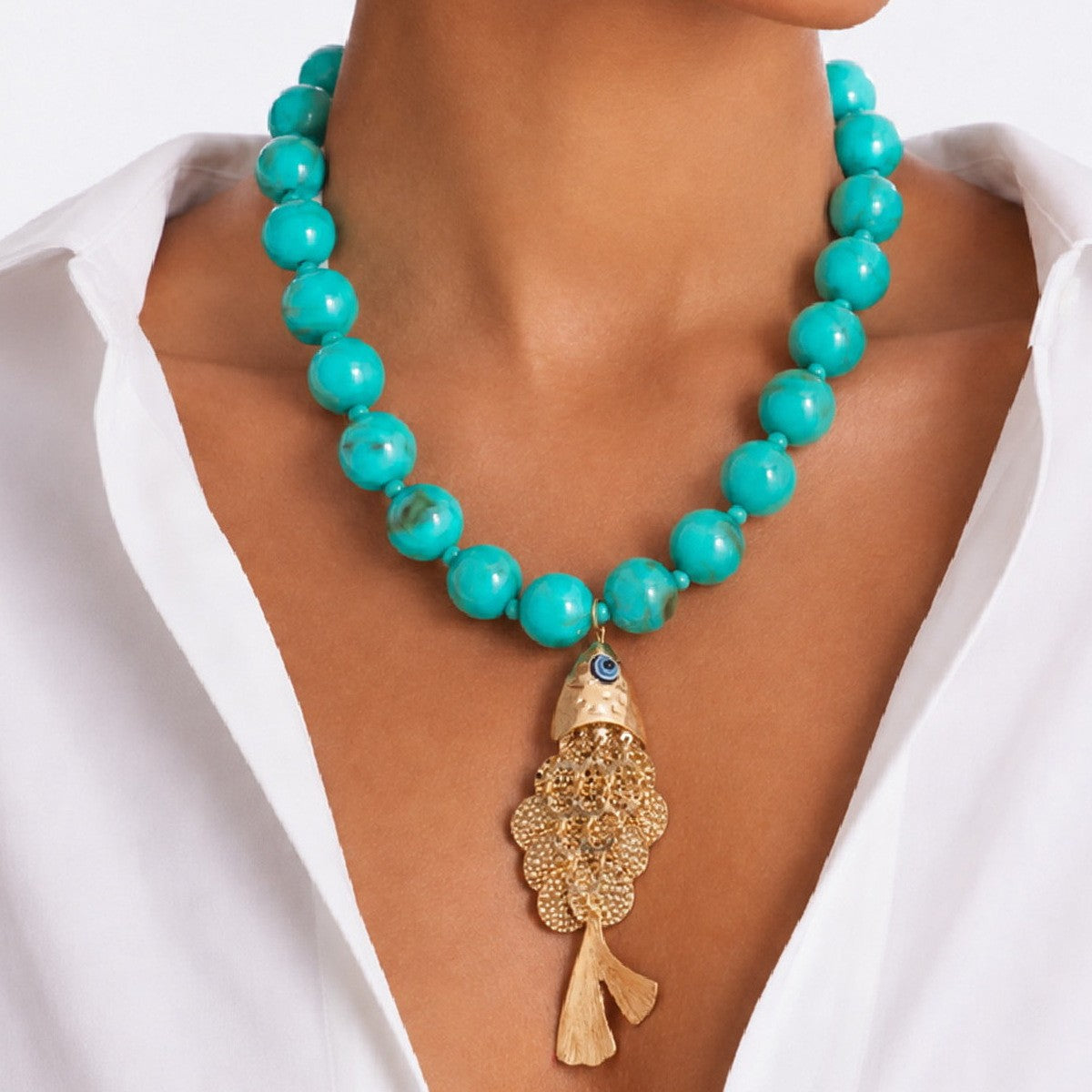 Boho Faux Turquoise Fish Pendant Necklace