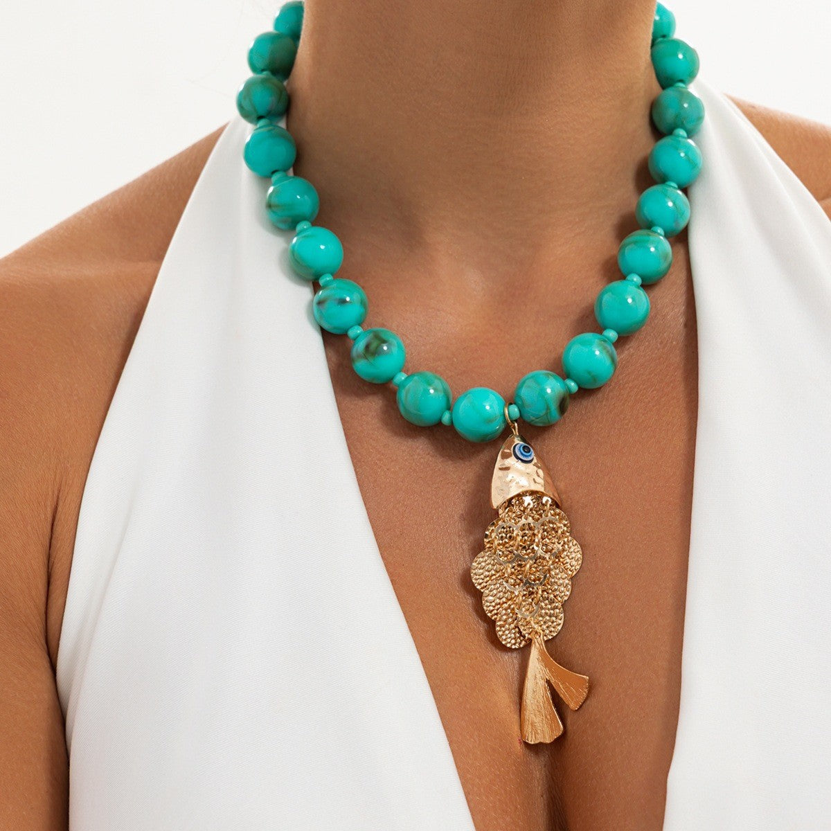 Boho Faux Turquoise Fish Pendant Necklace
