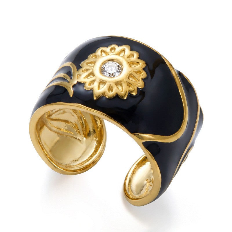Classy Black Enamel Geometric Ring Set