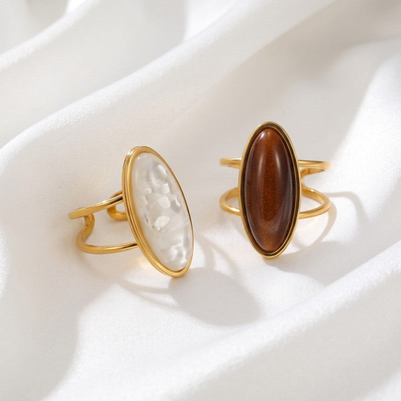Classy Oval Tiger Eye & Pearl Open Ring