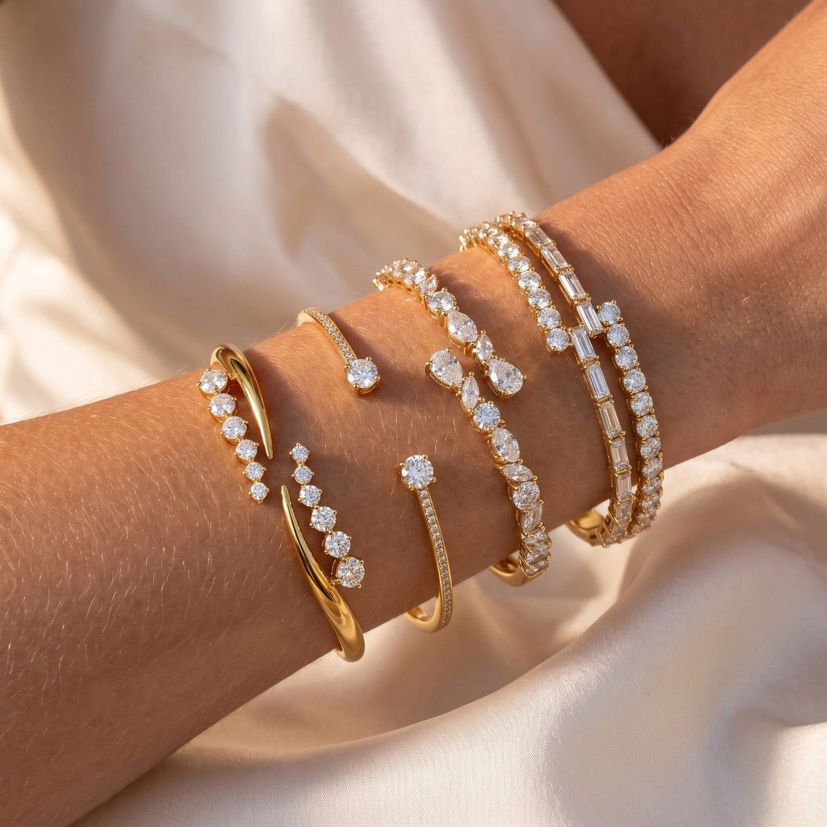 Classy Mixed Cut Rhinestone Cuff Bracelet Set