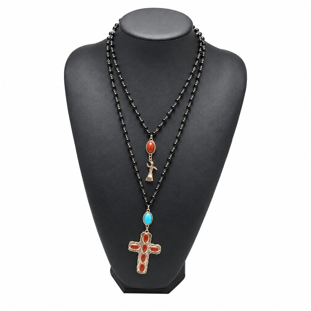 Boho Red Cross Necklace & Earring Set