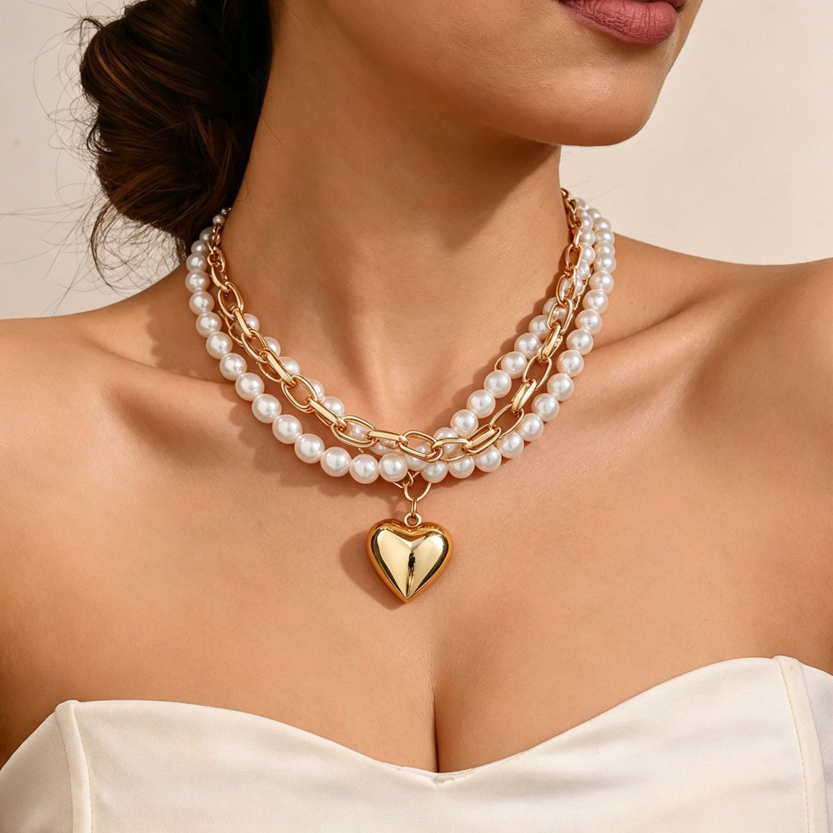Classy Layered Faux Pearl Paperclip Heart Necklace