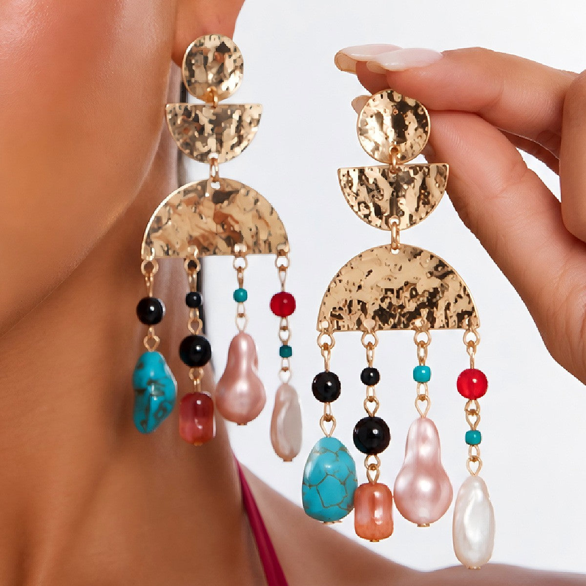 Boho Hammered Geometric Stone Drop Earrings