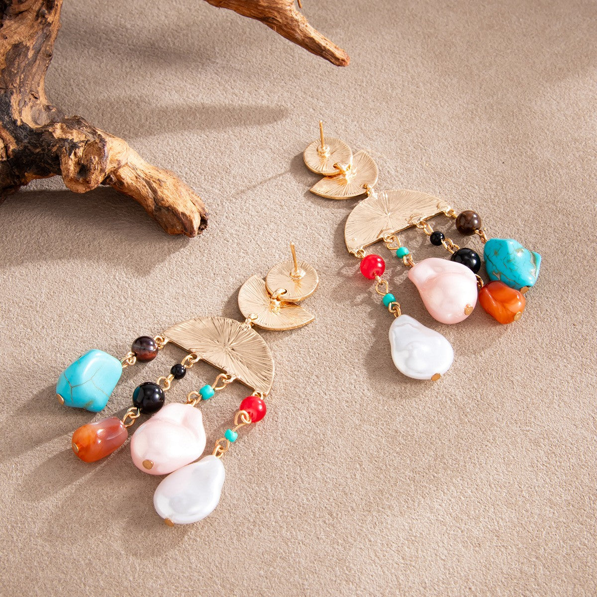 Boho Hammered Geometric Stone Drop Earrings