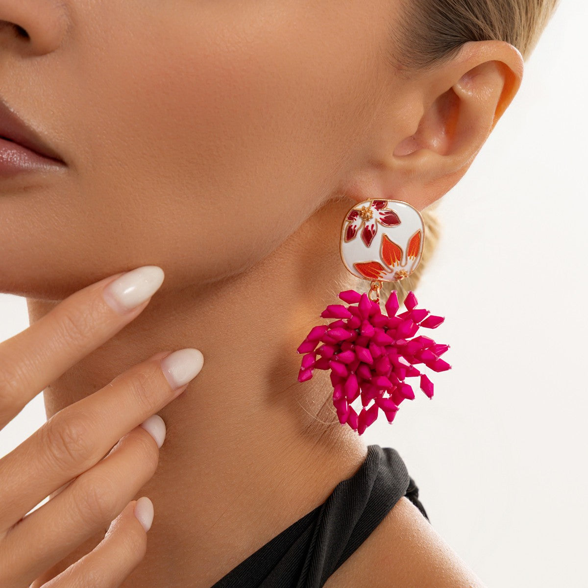 Statement Enamel Flower Fuchsia Bead Earrings
