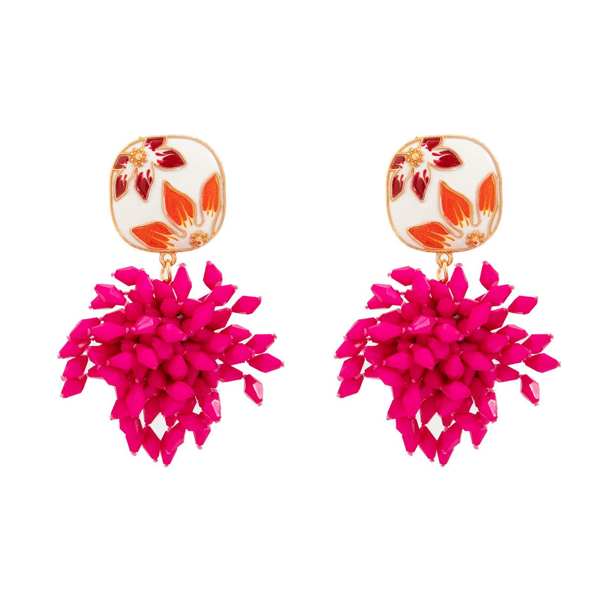 Statement Enamel Flower Fuchsia Bead Earrings