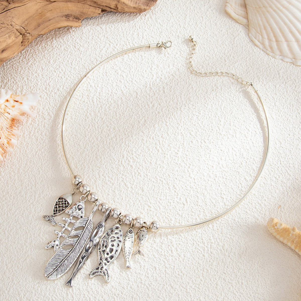 Boho Fish & Feather Charm Collar Necklace