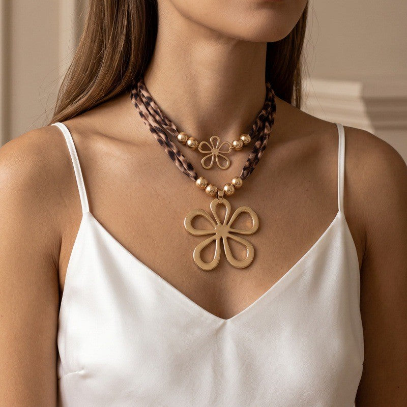 Boho Leopard Print Flower Layered Necklace