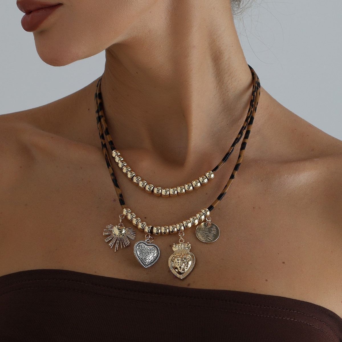 Boho Leopard Print Layered Charm Necklace