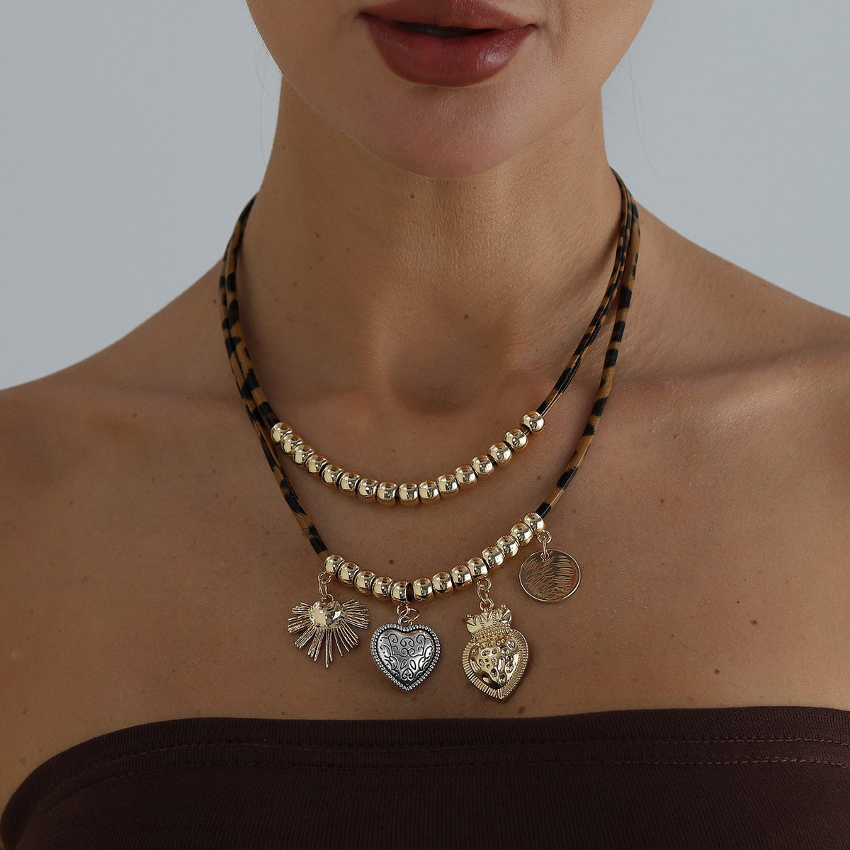 Boho Leopard Print Layered Charm Necklace