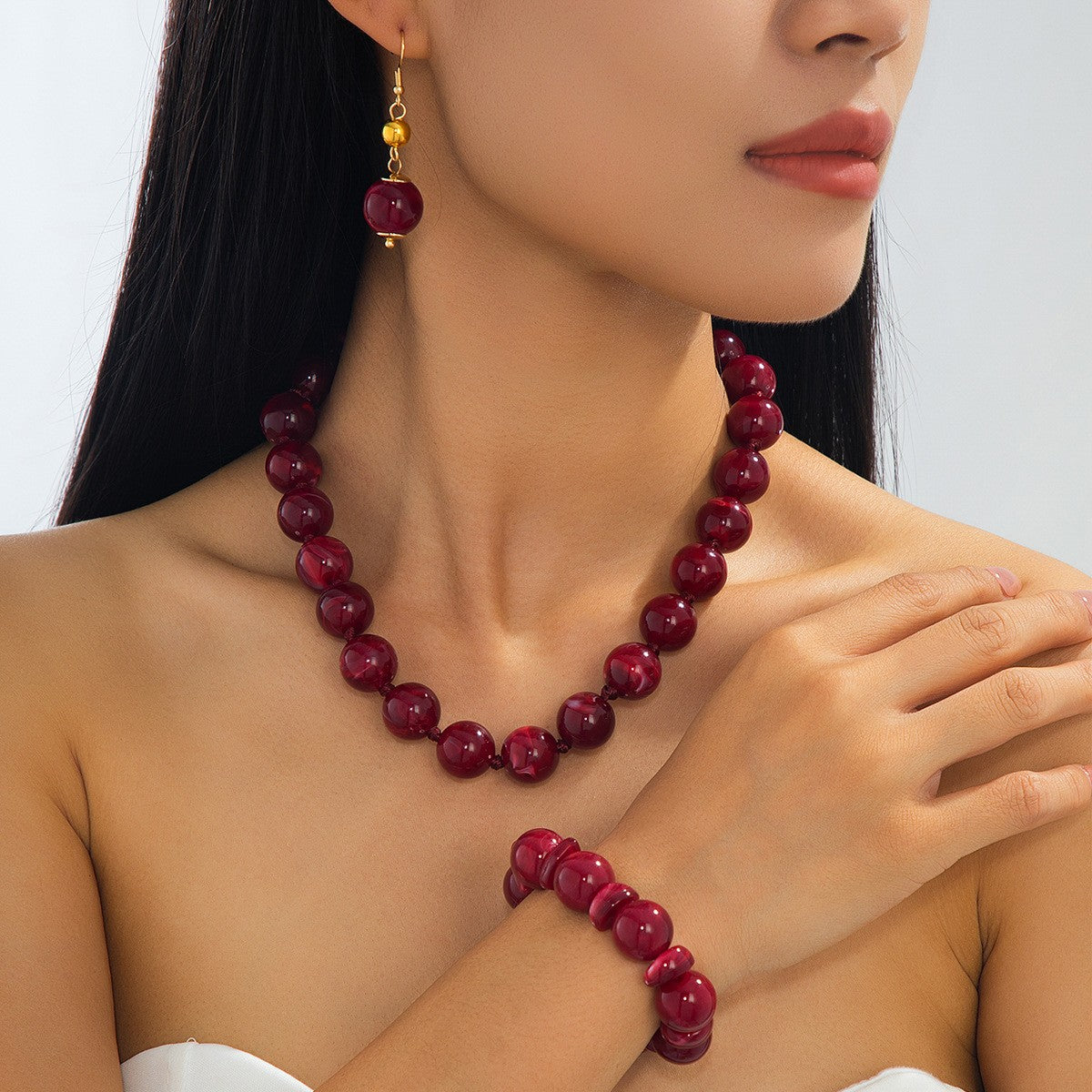 Elegant Burgundy Bead Necklace, Bracelet & Earring Set