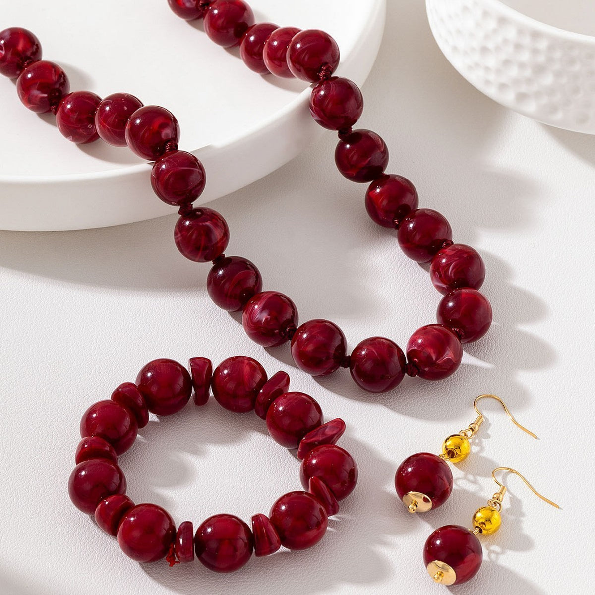 Elegant Burgundy Bead Necklace, Bracelet & Earring Set