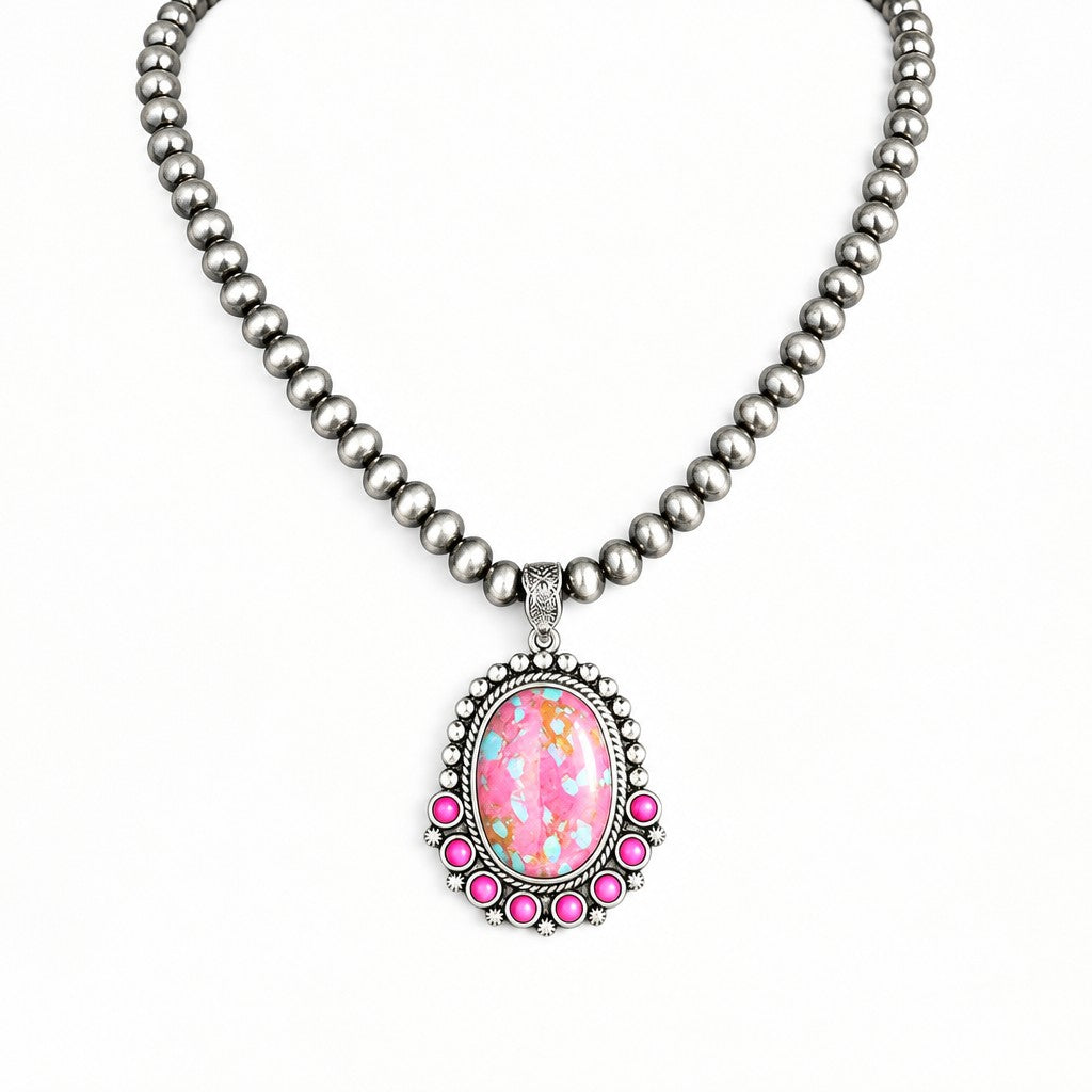 Vintage Pink Mosaic Beaded Necklace