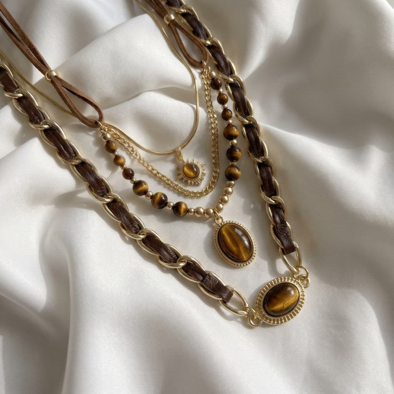 Boho Tiger Eye Sun & Bead Layered Necklace
