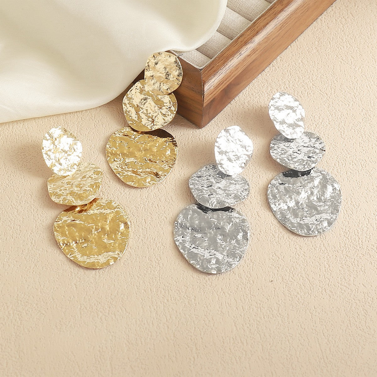 Classy Hammered Triple Disc Drop Earrings