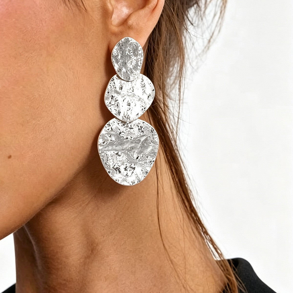 Classy Hammered Triple Disc Drop Earrings