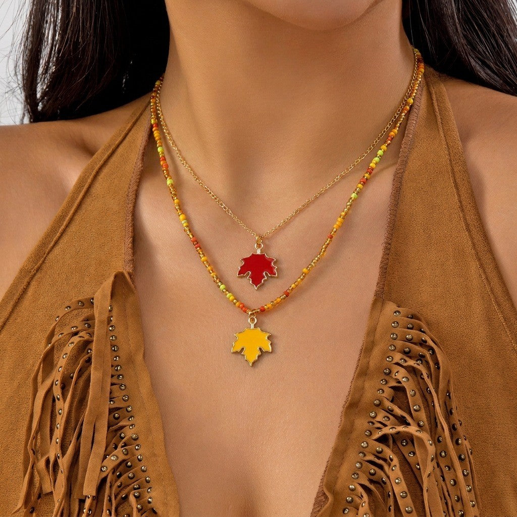 Boho Colorful Bead Maple Leaf Necklace
