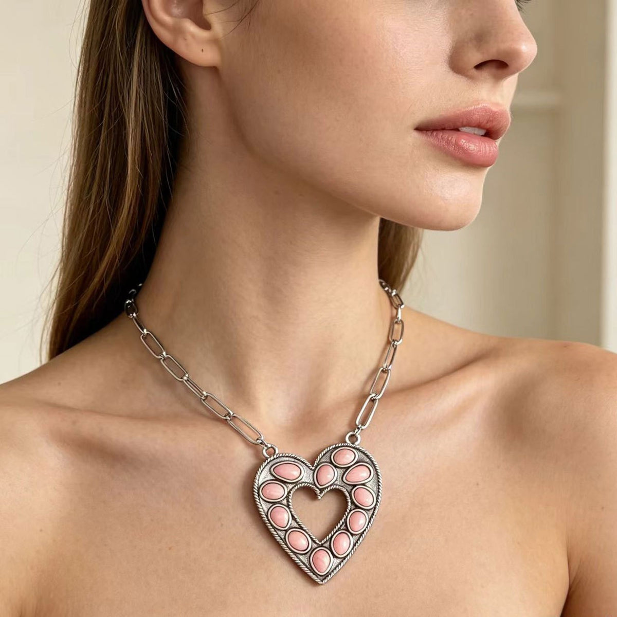 Vintage Pink Stone Heart Necklace