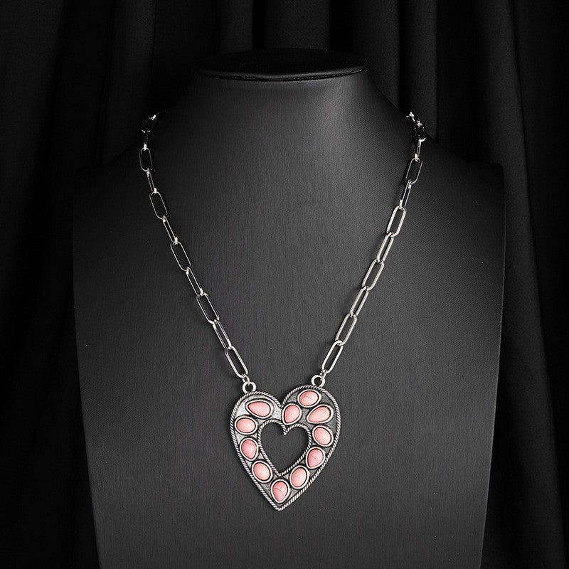 Vintage Pink Stone Heart Necklace