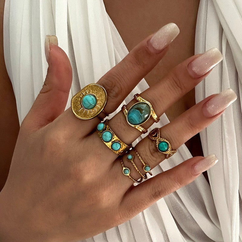 Boho Vintage Turquoise Stacking Ring Set