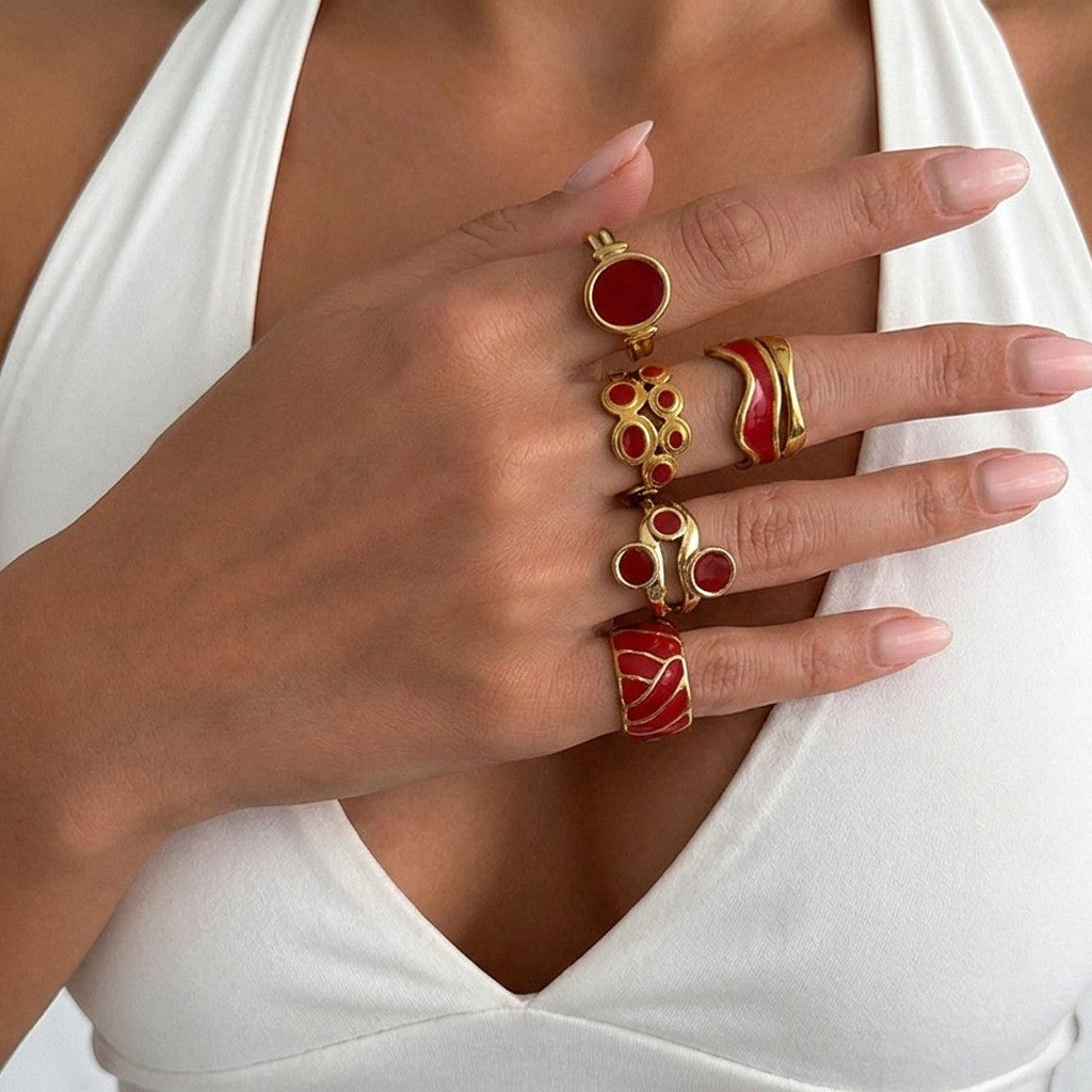 Classy Red Enamel Geometric Ring Set