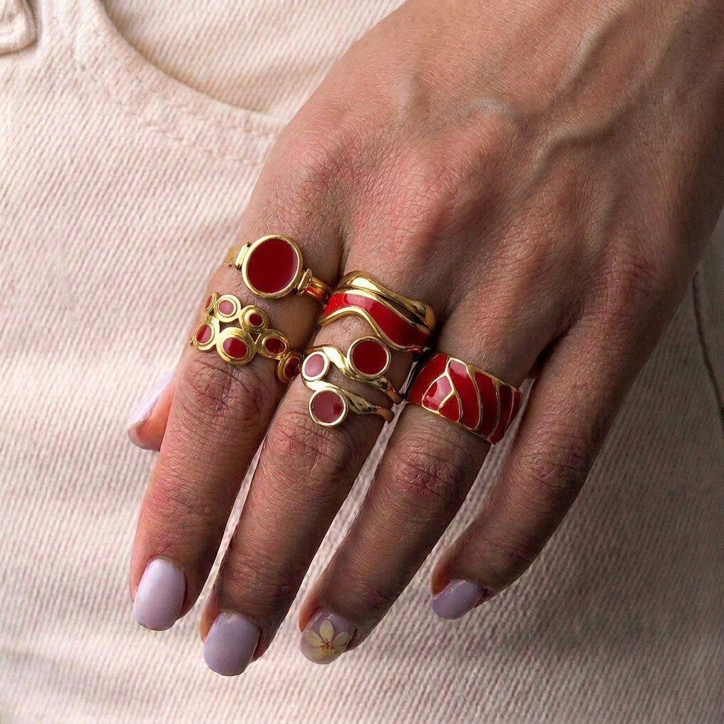 Classy Red Enamel Geometric Ring Set