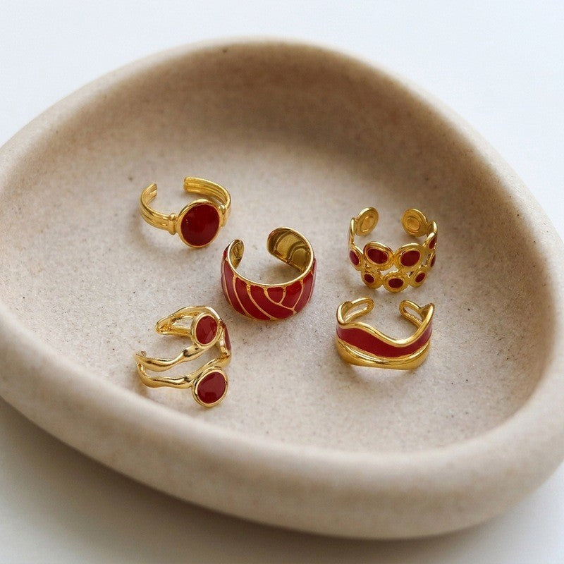 Classy Red Enamel Geometric Ring Set