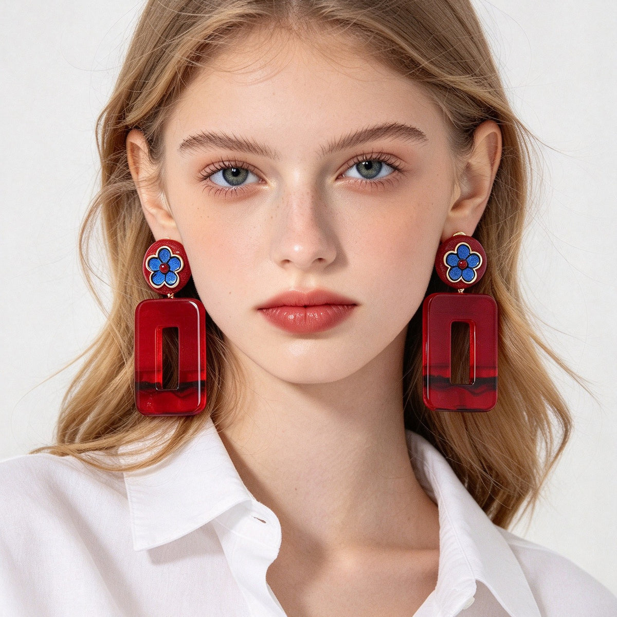 Vintage Red Geometric Floral Acrylic Drop Earrings