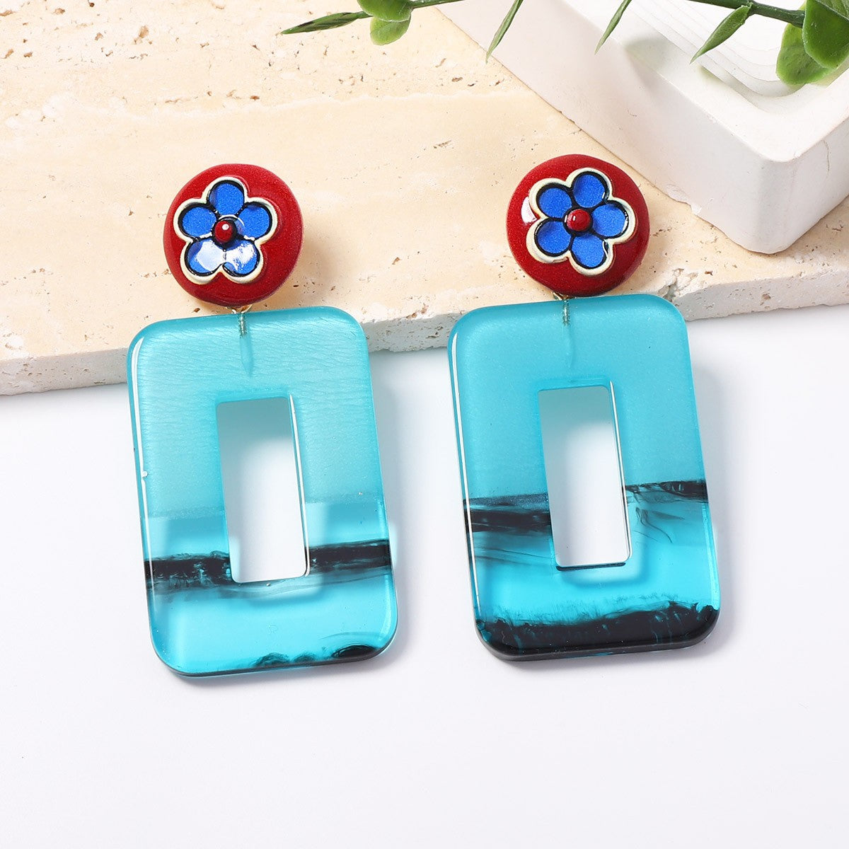 Vintage Red Geometric Floral Acrylic Drop Earrings