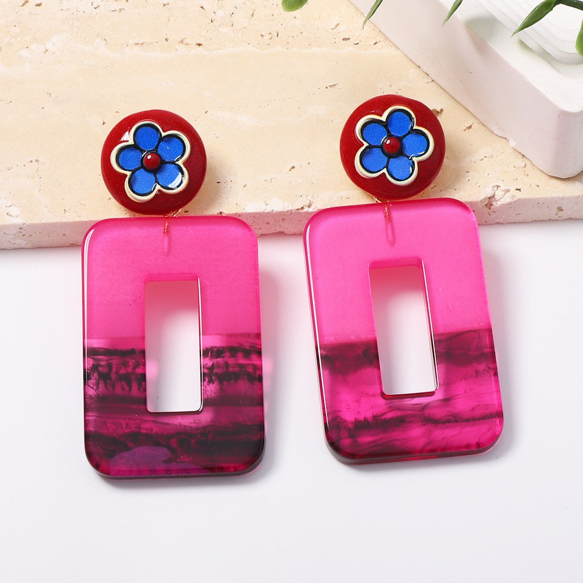Vintage Red Geometric Floral Acrylic Drop Earrings