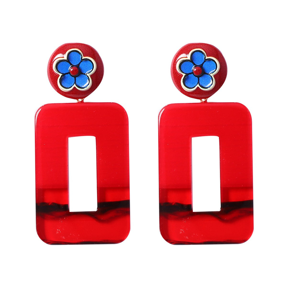 Vintage Red Geometric Floral Acrylic Drop Earrings