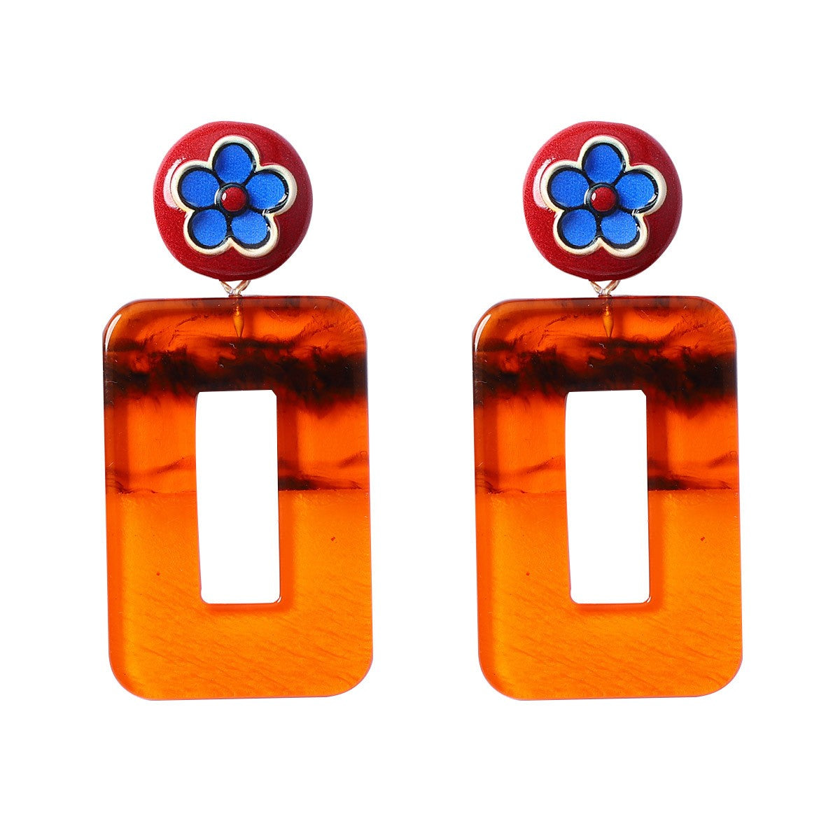 Vintage Red Geometric Floral Acrylic Drop Earrings