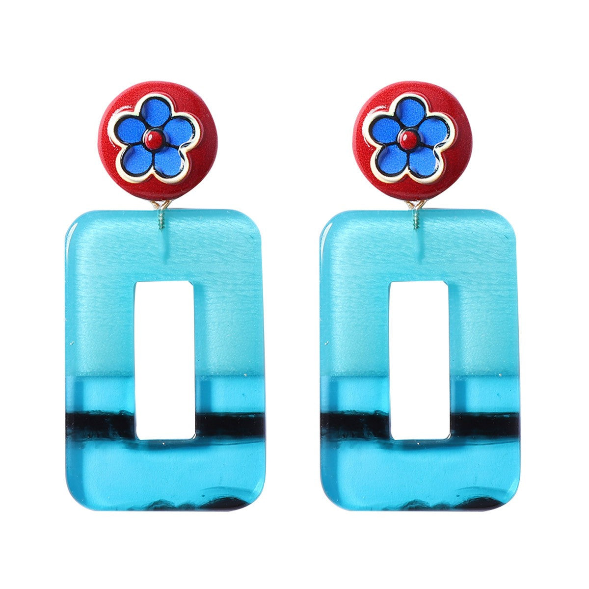 Vintage Red Geometric Floral Acrylic Drop Earrings