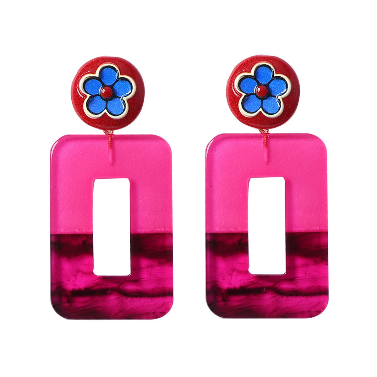 Vintage Red Geometric Floral Acrylic Drop Earrings
