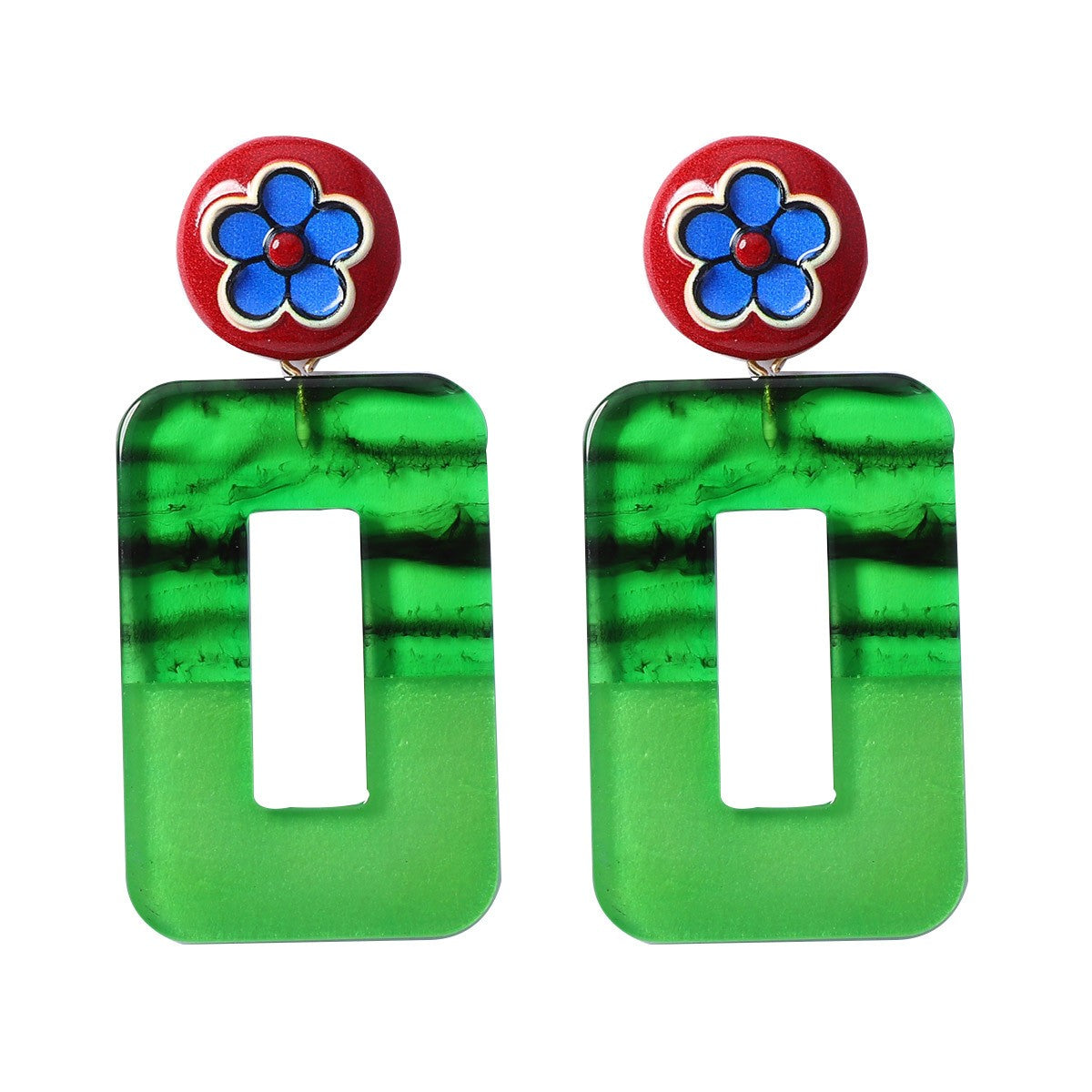 Vintage Red Geometric Floral Acrylic Drop Earrings
