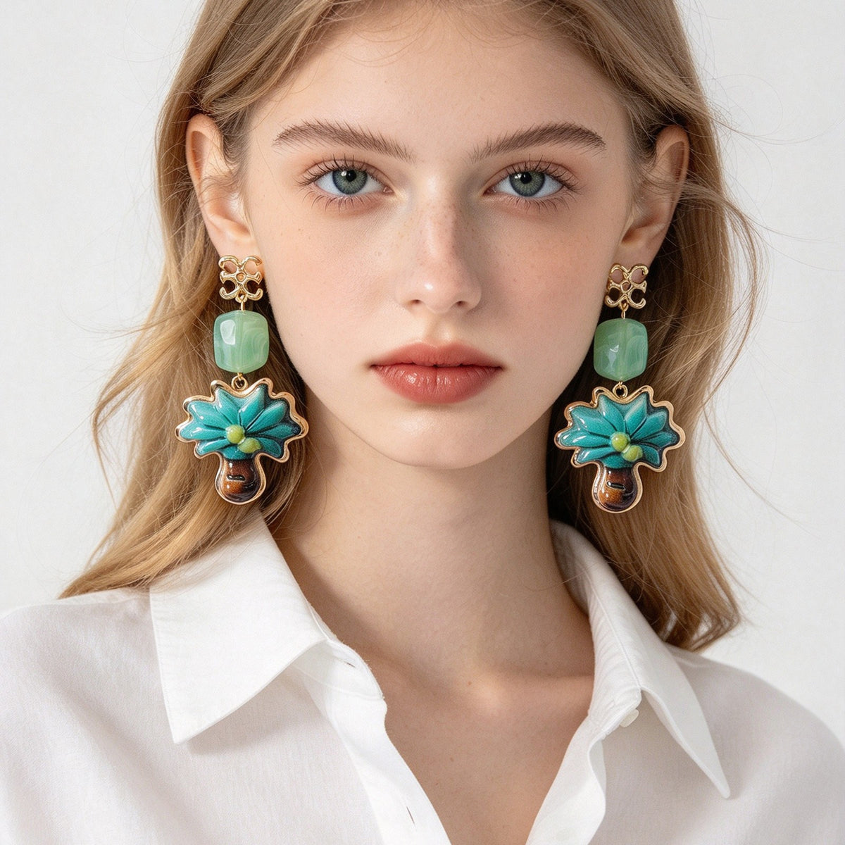 Classy Teal Enamel Flower Drop Earrings