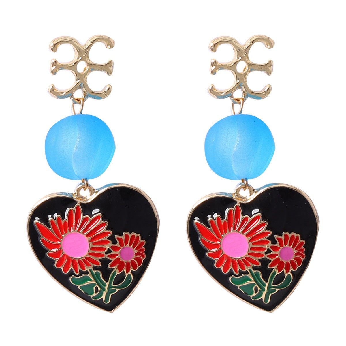 Classy Teal Enamel Flower Drop Earrings