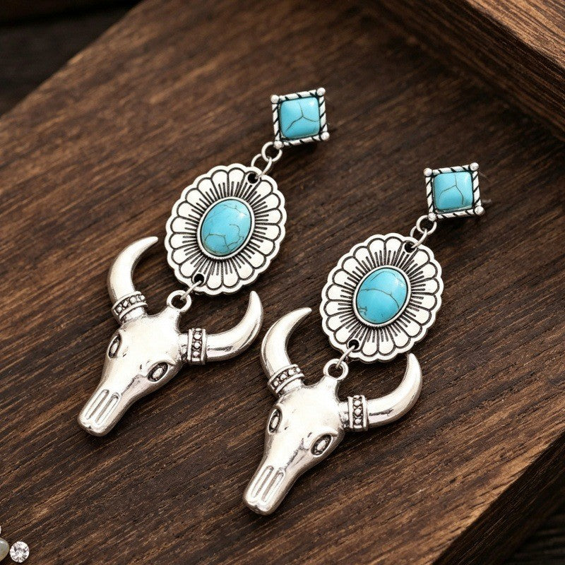 Boho Turquoise Bull Skull Dangle Earrings