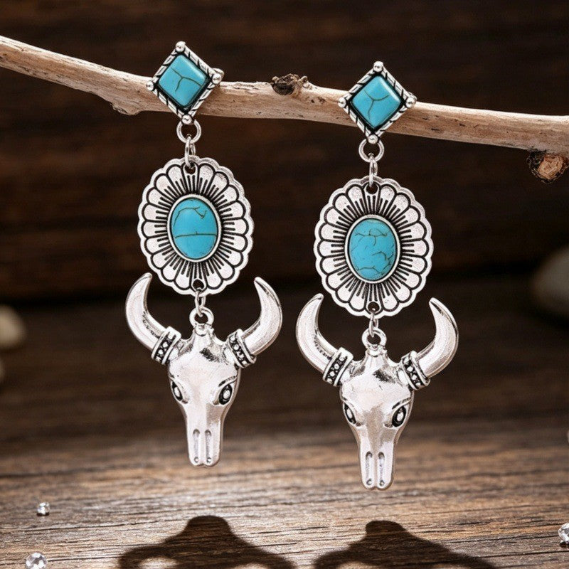 Boho Turquoise Bull Skull Dangle Earrings