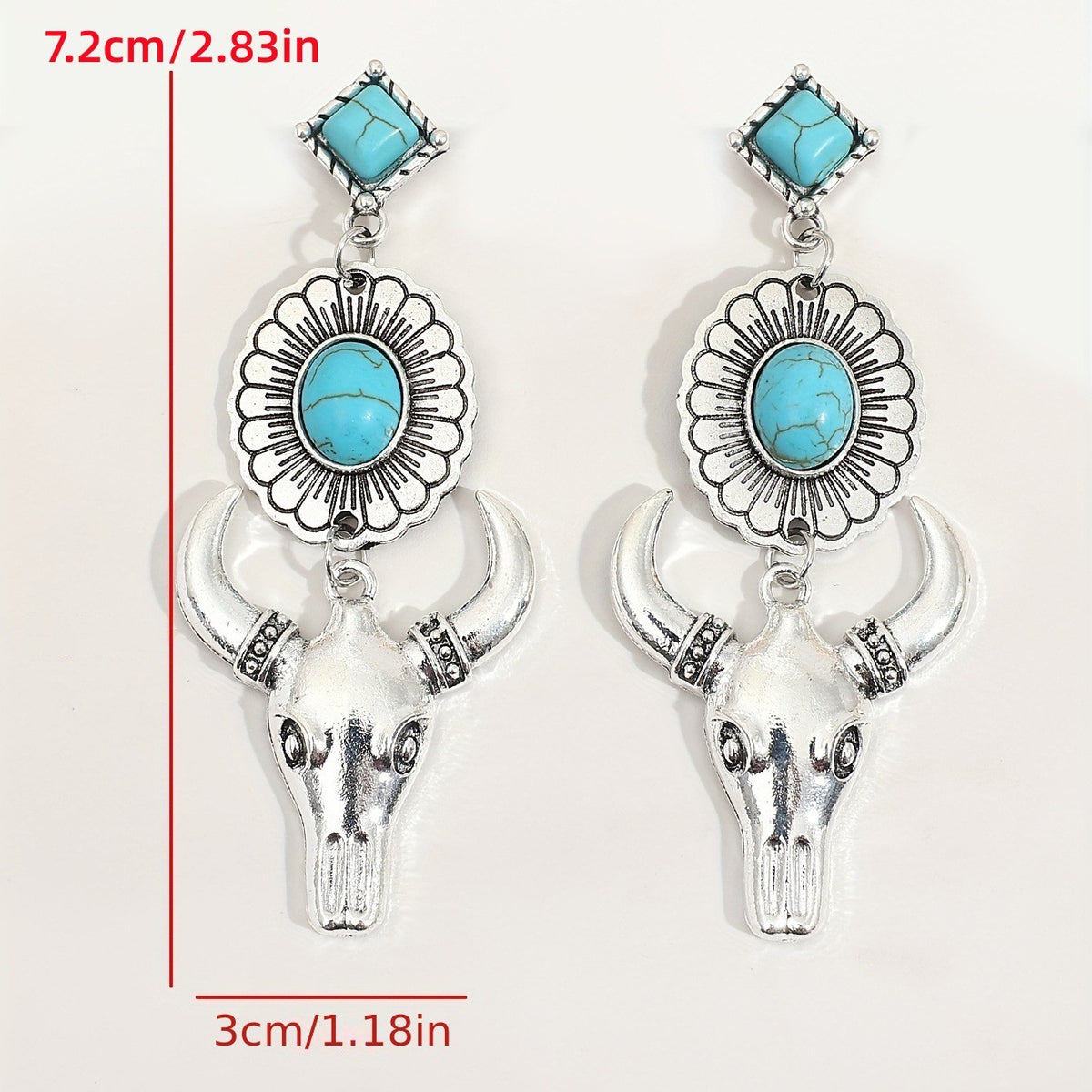 Boho Turquoise Bull Skull Dangle Earrings