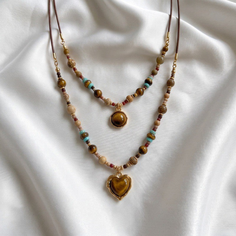 Boho Tiger Eye Heart Layered Necklace