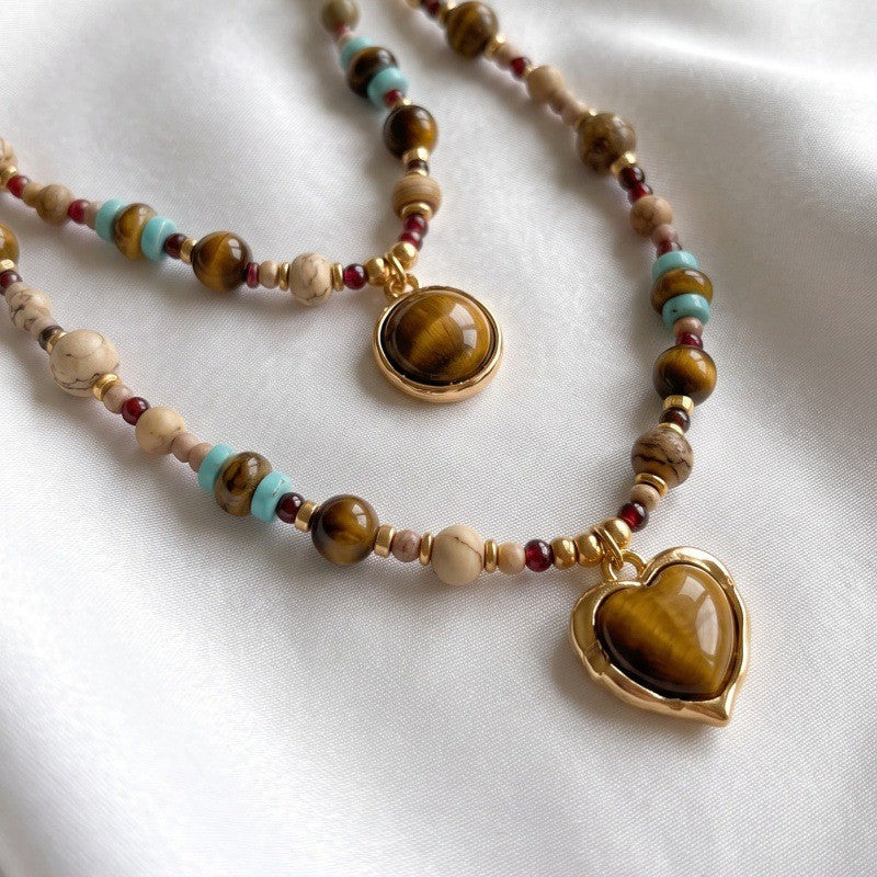 Boho Tiger Eye Heart Layered Necklace