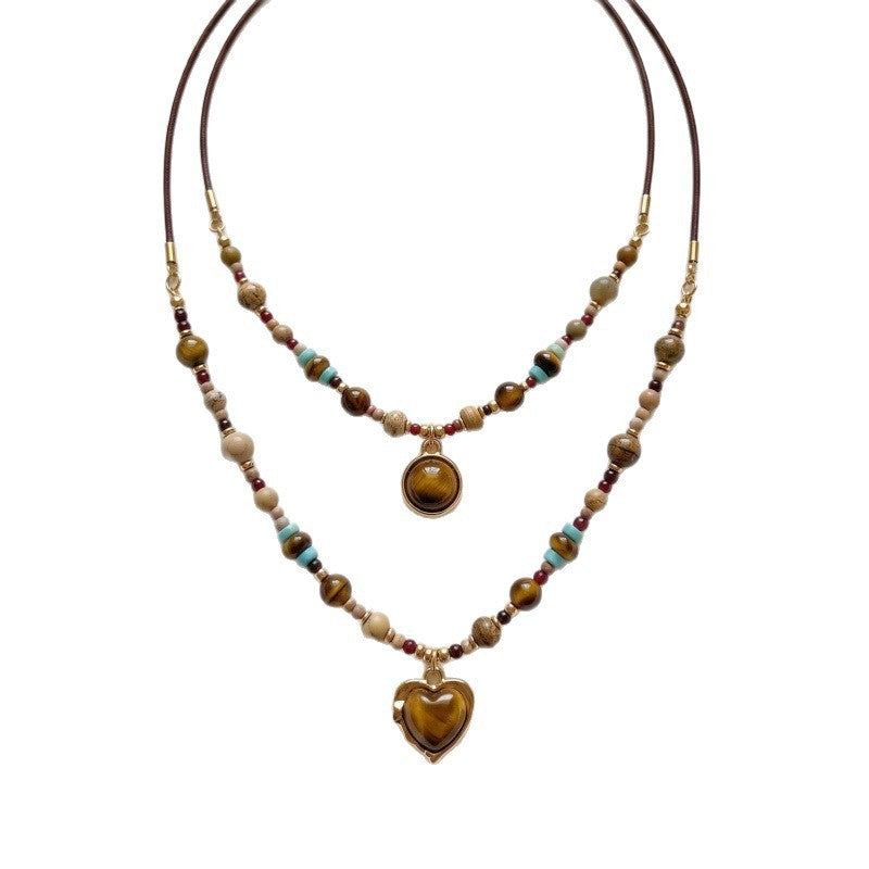 Boho Tiger Eye Heart Layered Necklace
