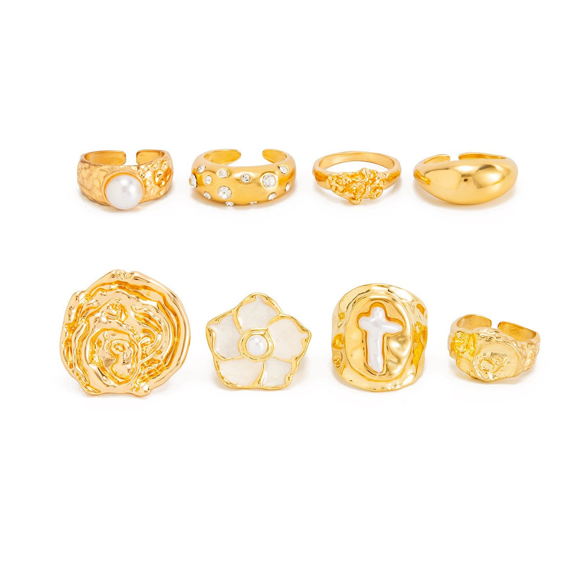 Classy Enamel Flower & Liquid Metal Ring Set