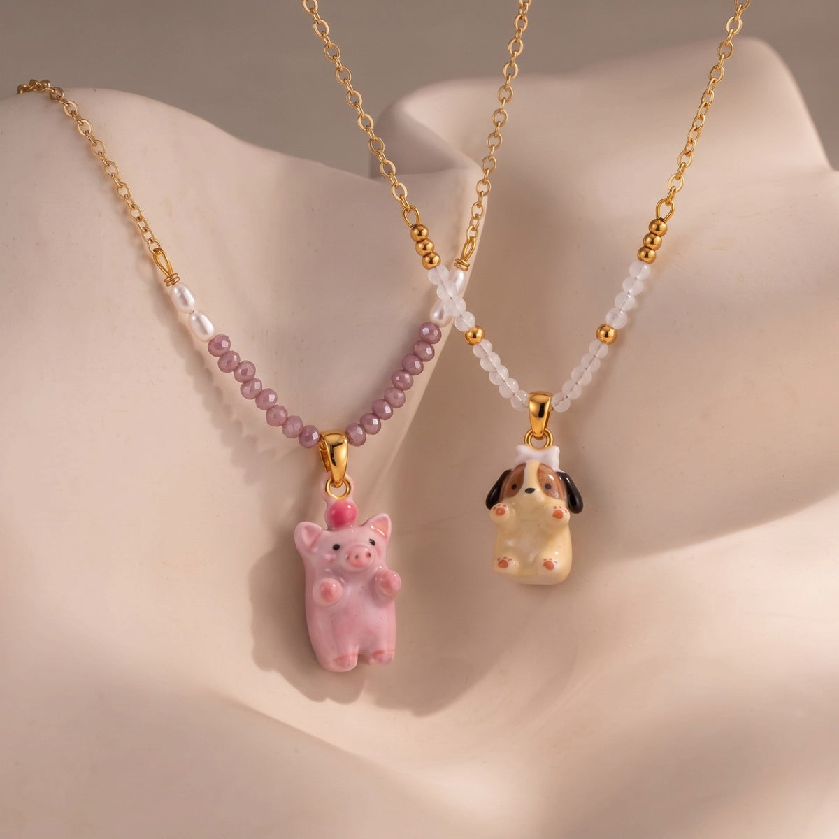 Dainty Layered Penguin & Pig Beaded Necklace