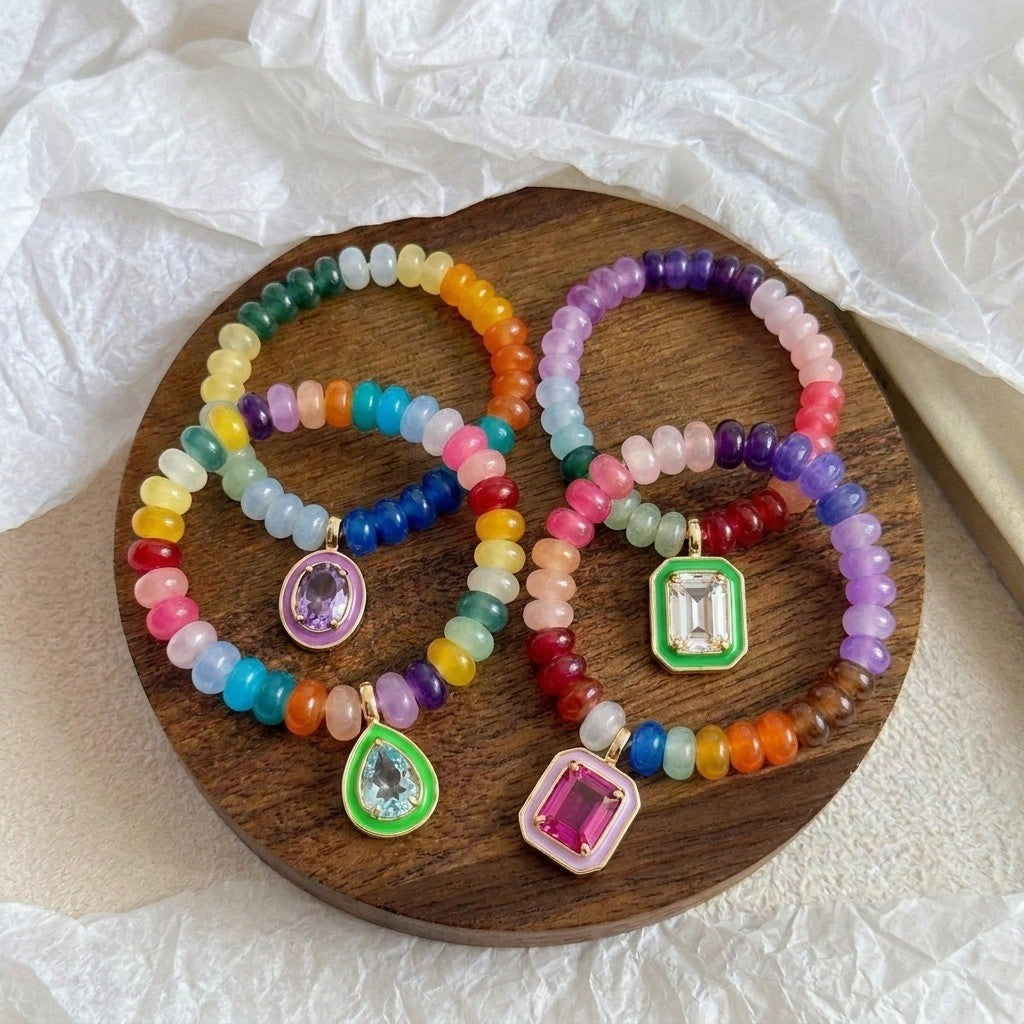 Boho Rainbow Beaded Geometric Charm Bracelet