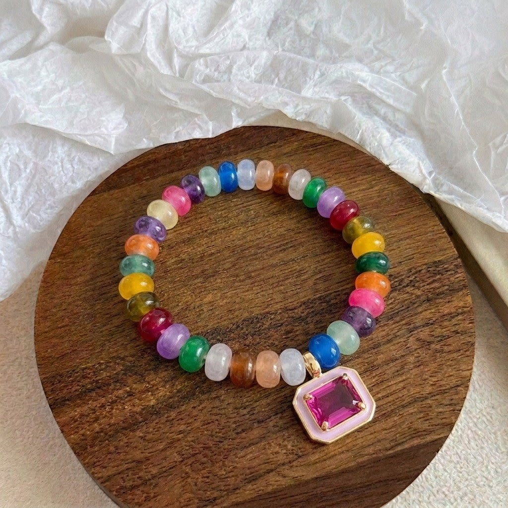Boho Rainbow Beaded Geometric Charm Bracelet