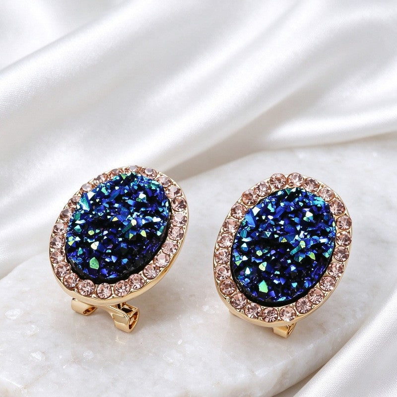 Classy Blue Glitter Oval Clip Earrings